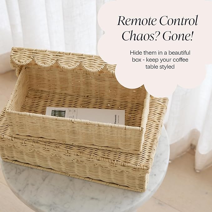 BEBE BASK Stackable Decorative Storage Boxes with Lid, Set of 2-14×8×4 in | Handwoven, Scalloped Wicker Basket for Home Decor, Baby Keepsake Box & Memory Box for Keepsakes for Nursery