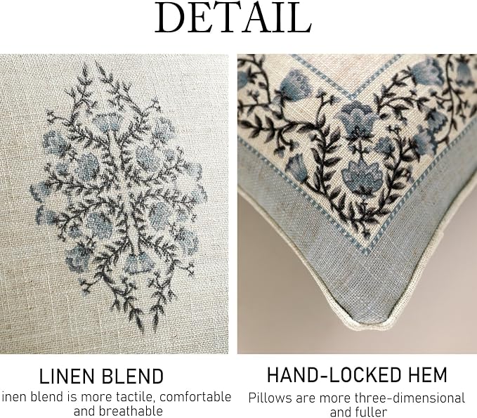 Designer Linen Throw Pillow Cover,Set of 2,20"x12"-Segerman A | Elegant Chinoiserie Rectangle Pillow Cover,Concealed Zipper Design,Floral Pattern,Sofas,Bedroom,Living Room,Lounge Chairs