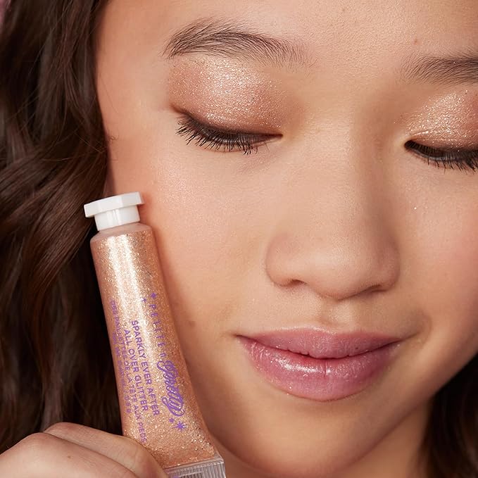 Petite N Pretty Glitter Makeup Set - Shimmering for Eyes, Cheeks, and Body - Glow Up Stick & All-Over Glitter in Pink Sherpa Bag for Kids, Teens, and Tweens (Bronze)