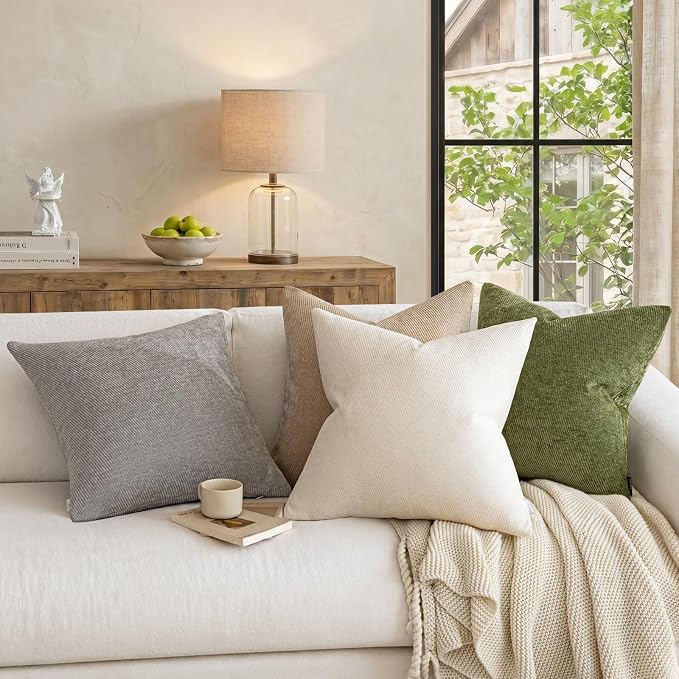 a moment Pack of 2 Decorative Chenille Throw Pillow Covers with Twill Cushion Covers for Sofa Living Room Couch Bed 26x26 Inch,Moss Green