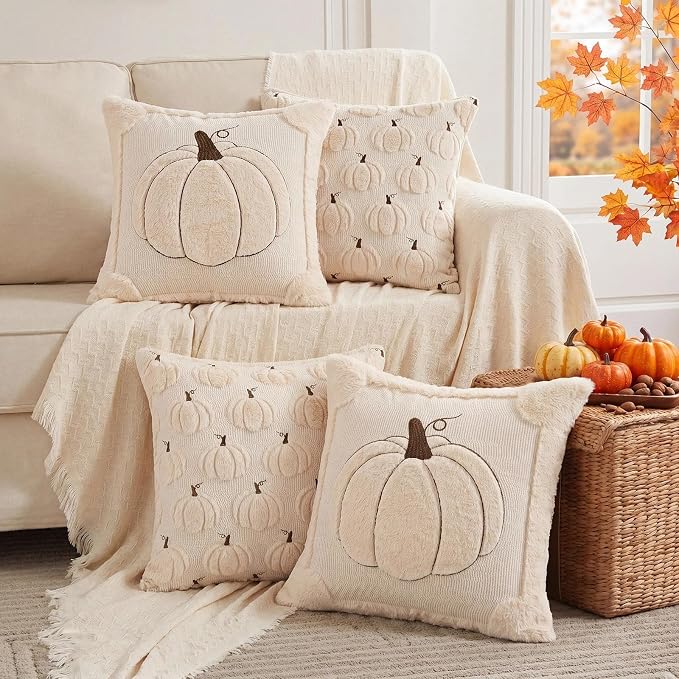 Fall Beige Pillow Covers 20x20 Set of 2 Double-Sided Pumpkin Decor | Beige plush comfort with raised pumpkin embroidery, designed for living rooms, bedrooms, and cozy fall home decorations.
