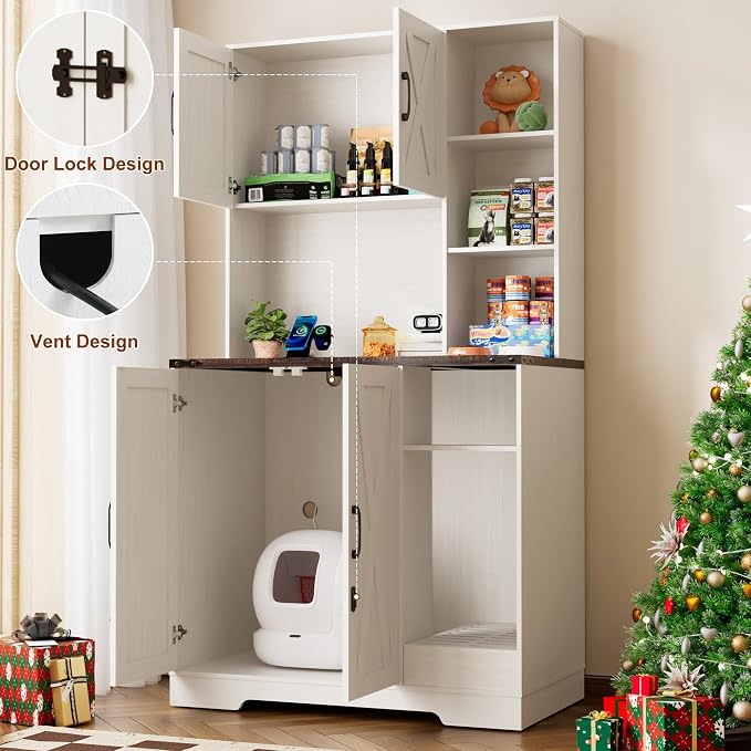 71Inches Tall Cat Litter Box Enclosure for Cats W/Power Outlets,Open Shelves.Wooden Pet Washroom Furniture W/Locks,Cabinet.Indoor Cats House,Hidden Cat Litter Box for Living Room,Bedroom(White-3)