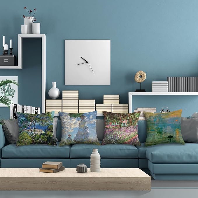 Claude Monet Painting Throw Pillow Covers 18x18 inches Set of 4 Sunrise The Impression Art Painting Pillow Cases Square Decorative Cushion Covers for Sofa Couch Car