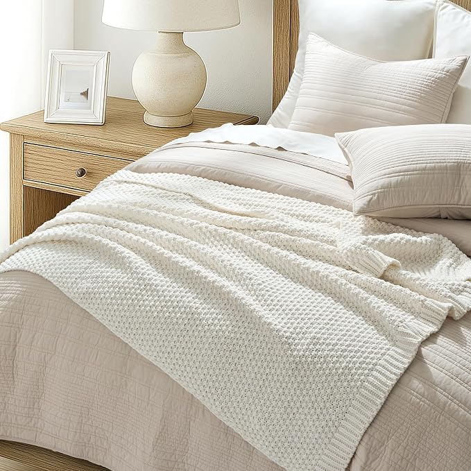 EVERGRACEHOME Chunky Chenille Knit Throw Blanket, 60 x 80, Bright White | Sculpted Moss Stitch, Chic Modern Farmhouse, All-Season Warmth, OEKO-TEX® Certified, Elegant Blanket for Couch, Bed, Sofa