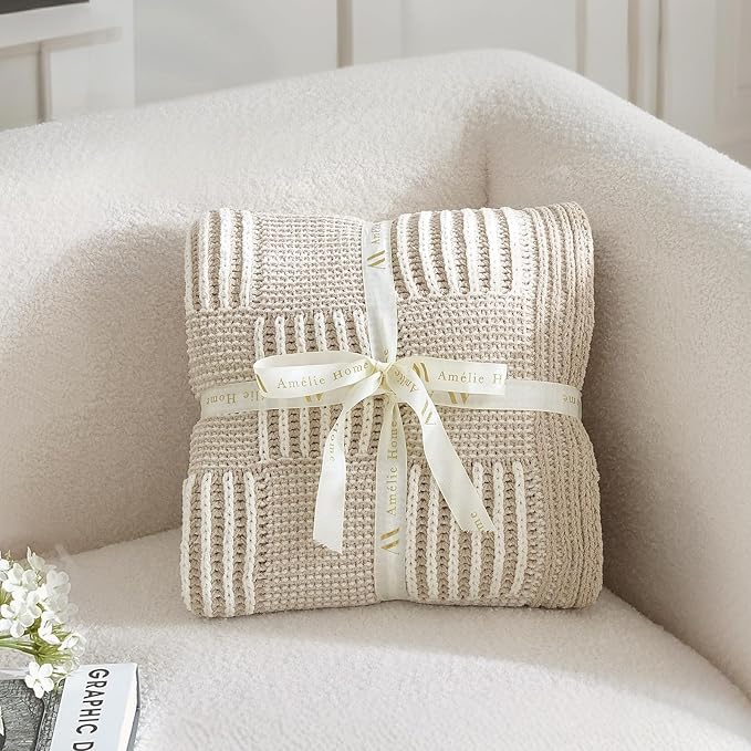 Knit Throw Blanket, Soft Chenille Cozy Breathable Dual Tone Checkered Chunky Decorative Blanket for Couch, Bed & Sofa, French Lightweight Warm Gift for Women, Beige, 60"x80"