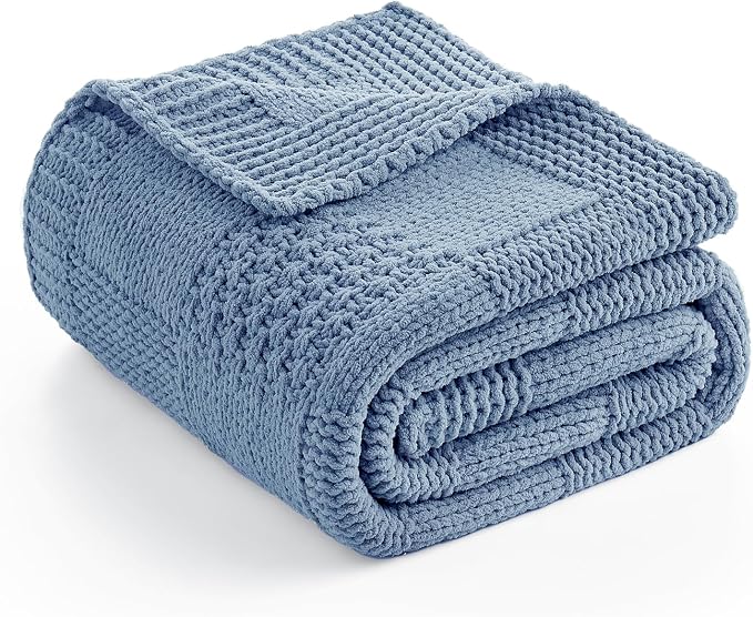 Knit Throw Blanket, Soft Chenille Cozy Breathable Checkered Chunky Decorative Blanket for Couch, Bed & Sofa, French-Inspired Lightweight Warm Gift for Women, Washed Blue, 50"x60"
