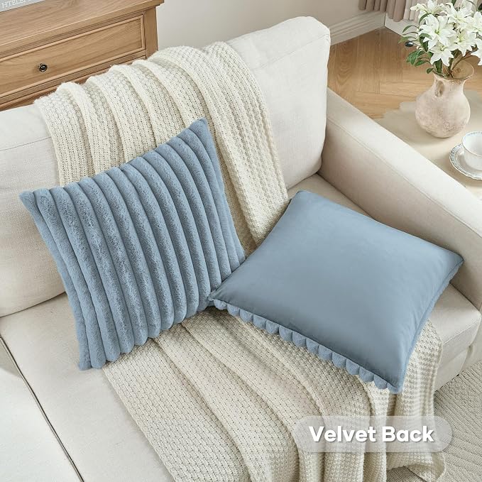 FUTEI Pack of 2 Faux Fur Throw Pillow Covers 16x16 Inch, Dusty Blue | Fluffy Faux Rabbit Fur Front/Premium Velvet Back,Hidden Zipper,Machine Washable,Non-Shedding,Colorfast,Insert Not Included.