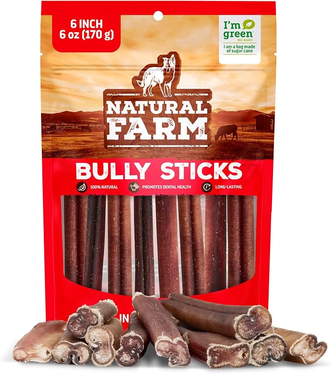 Natural Farm Odor-Free Bully Sticks (6 Inch, 6 Ounces), Packaged by Weight, 100% Beef Chews, Grass-Fed, Fully Digestible Treats to Keep Your Puppies, Small and Medium Dogs Busy