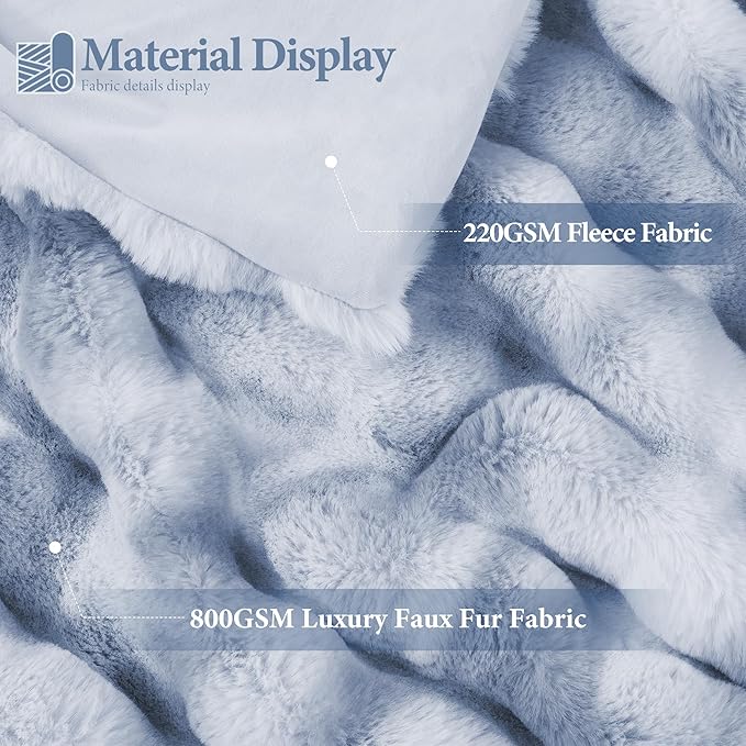 Luxury 1000GSM Faux Rabbit Fur Throw Blanket, Super Heavy Warm Cozy Grey Blankets for Couch Bed Sofa, Ruched Plush Fuzzy Elegant Soft Reversible Mink Blanket for Living Room Bedroom, Blue