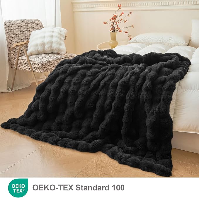 LIFEREVO Luxury Fluffy Faux Rabbit Fur Throw Blanket 50x60, Black | Plush Bubble Blanket for Bedroom Living Room Office, Decorative Soft Furry Lap Throw for Kids Girls Teens Adults, Washable