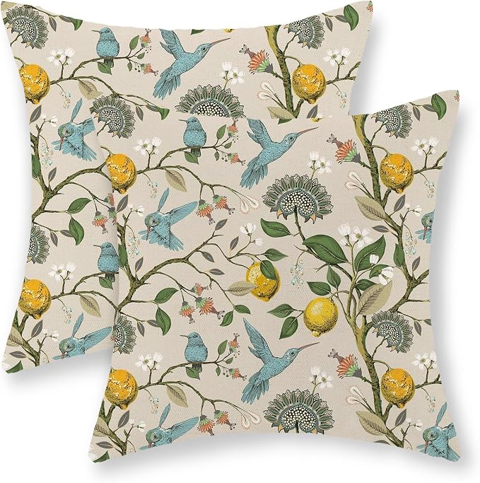 Chinoiserie Pillow Covers 16x16 Set of 2 Blue Green Bird Floral Throw Pillows Vintage Yellow Lemon Flowers Decorations Pillowcase Outdoor Chinoiserie Decor Linen Cushion Case for Couch Home
