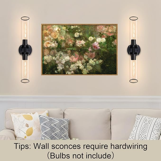 Black Wall Sconces, Set of 2, 22'' Modern Vanity Lights Fixture for Bathroom with Clear Glass, Wall Sconces Lighting, for Living Room/Bathroom Hallway Mirror/Bedroom (Bulbs Not Included)