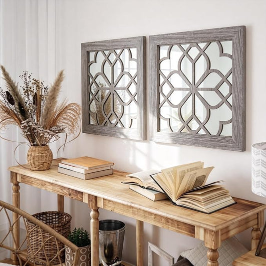 Set of 2 14 Inch Square Maroon Window Pane Wall Mirrors, Shatterproof Rustic Farmhouse Boho Vintage Accent Mirrors for Living Room Bedroom Bathroom Entryway