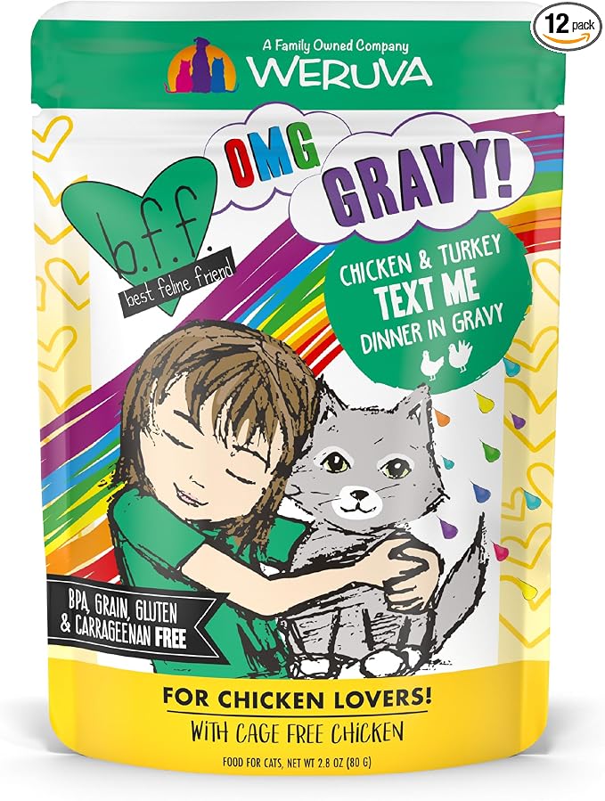 Weruva B.F.F. OMG - Best Feline Friend Oh My Gravy!, Chicken & Turkey Text Me with Chicken & Turkey in Gravy, 2.8oz Pouch (Pack of 12)