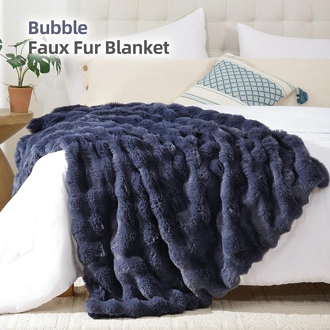 Faux Rabbit Fur Throw for Couch - Navy Blue Bubble Blanket 60"x80" | Fluffy Plush Fuzzy Throw for Sofa & Bed, Super Soft Cozy Comfrt Blanket, Luxury Aesthetic Navy Blue Decor Gift for Women