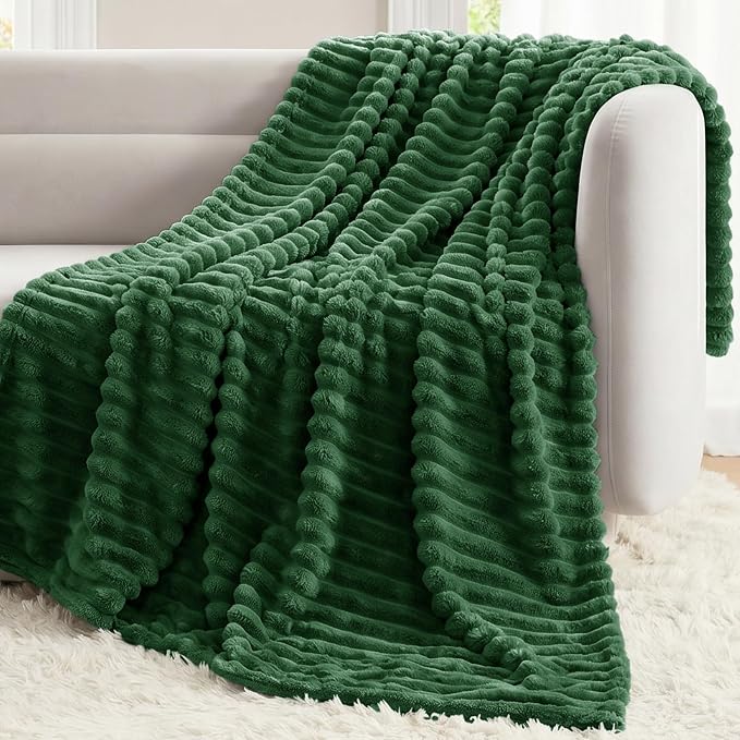 Dark Green Throw Blanket for Couch & Bed, 50 x 60 Inch | 300GSM Ribbed Fleece Blanket, Soft, Cozy & Lightweight, OEKO-TEX Certified, All-Season Use for Travel, Dorm & Home Decor