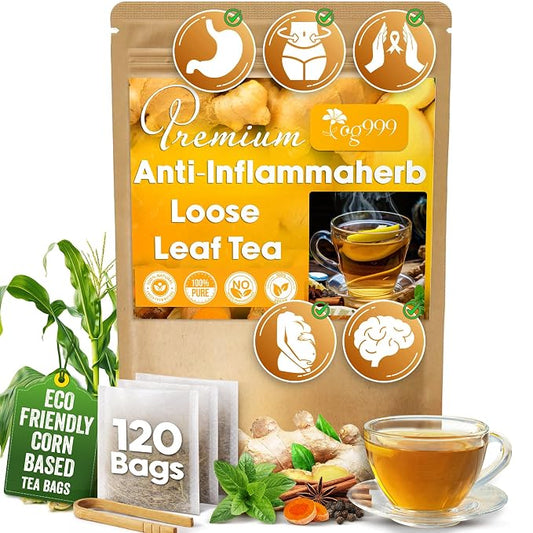 120 Tea Bags - Anti-Inflammaherb Loose Leaf Tea, 100% Natural from Ginger, Turmeric, Peppermint, Black Pepper, Cinnamon. Made with Natural Material Tea Bags. No Sugar, No Caffeine, No Gluten, Vegan.