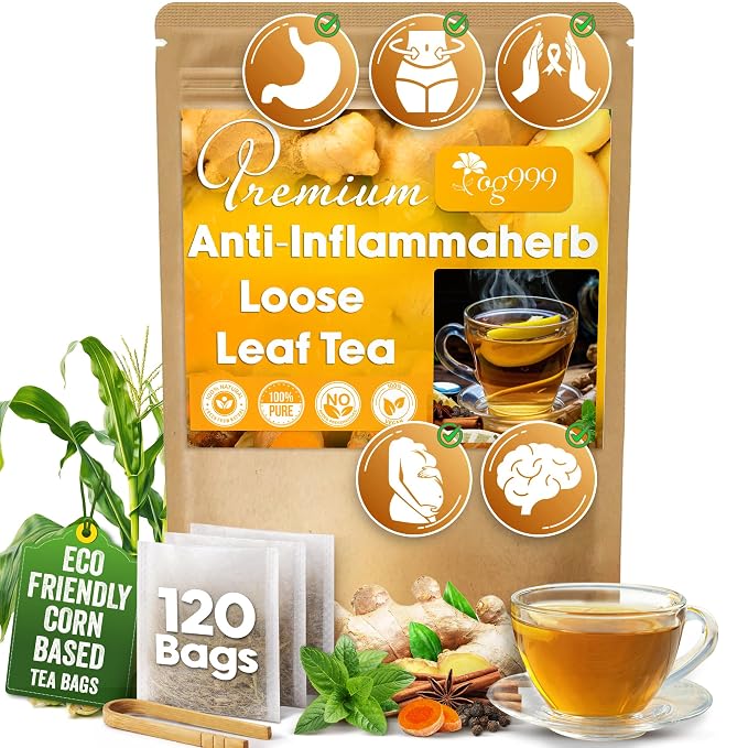 60 Tea Bags - Anti-Inflammaherb Loose Leaf Tea, 100% Natural from Ginger, Turmeric, Peppermint, Black Pepper, Cinnamon. Made with Natural Material Tea Bags. No Sugar, No Caffeine, No Gluten, Vegan.