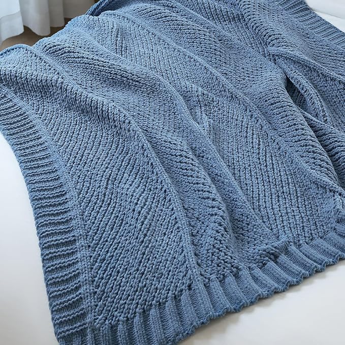 Knit Throw Blanket, Soft Chenille Cozy Breathable Chevron Chunky Decorative Blanket for Couch, Bed & Sofa, French-Inspired Lightweight Warm Gift for Women, Washed Blue, 50"x60"
