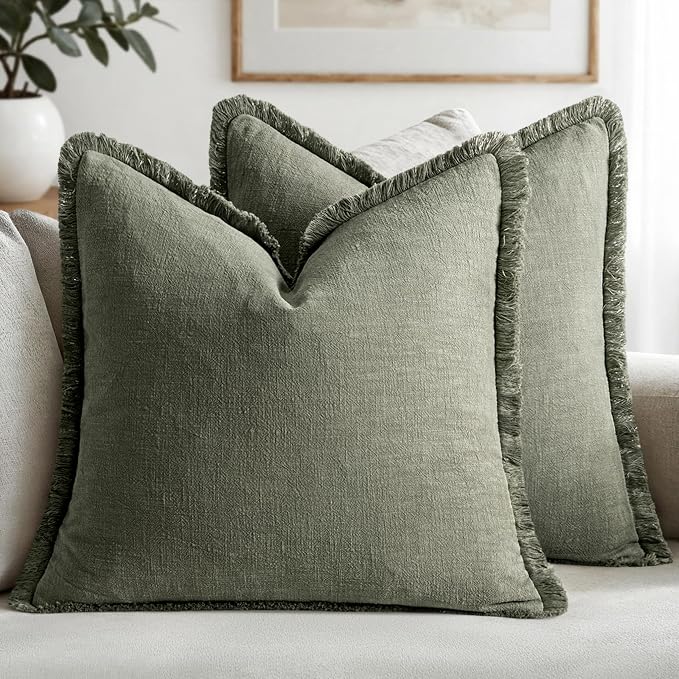 MIULEE Linen Decorative Euro Throw Pillow Covers Light Olive Green 26x26 | Set of 2, Cottagecore Decor, Boho Farmhouse Neutral Pillow Covers, Rustic Fringe Couch Cushions for Sofa Bed Living Room