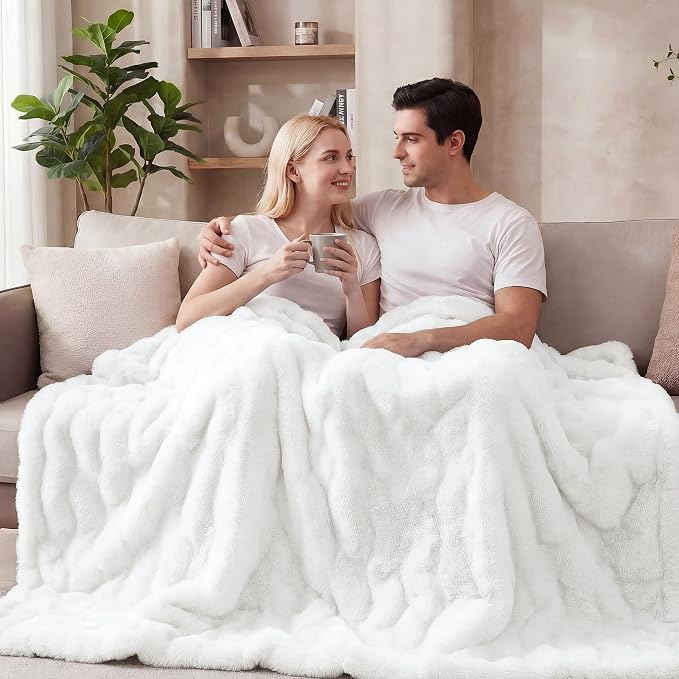 ORINOVA White Faux Rabbit Fuzzy Fur Queen Throw Fluffy Blanket 90x90 Soft Furry Blanket Queen Size for Bed Couch Cozy Bedroom Decor 1000 GSM