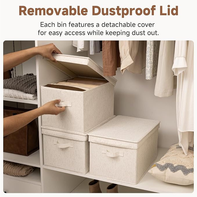 StorageWorks Fabric Storage Bins with Lids, Closet Storage Bins | Lidded Dust-proof, Easy Pull Handles, Foldable, Stackable, Ideal for Clothes Blanket Towel, Jumbo, Rustic Linen, 3-Pack