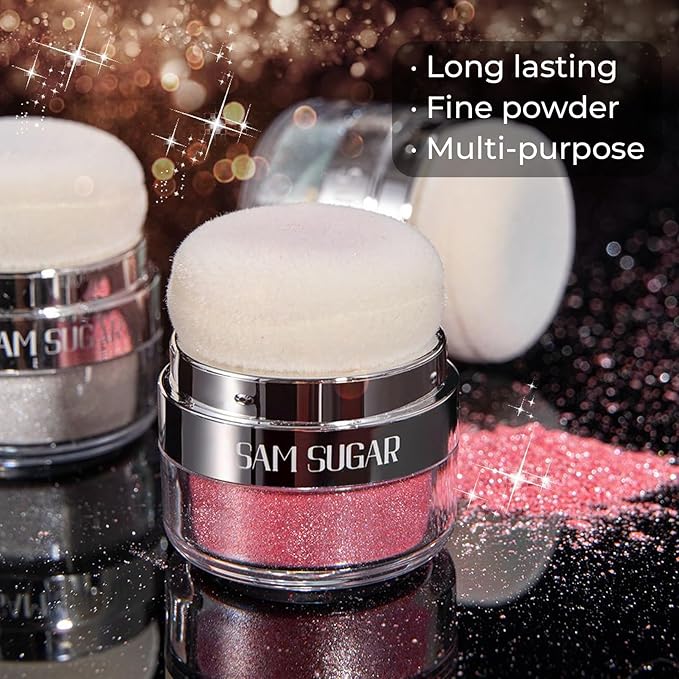 Body Shimmer Powder, Body Glitter Powder with Sponge Head, 3D Contour & Long Lasting Luminous, Glow Highlighter Makeup for Face, Eyes, Hair, Perfect for Daily, Party (Pink, 1.13 Oz)