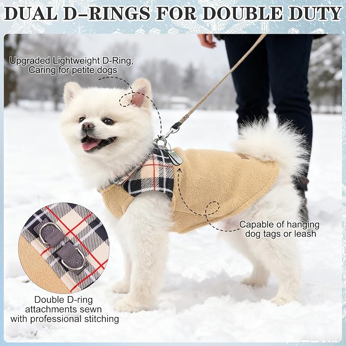 Fleece Dog Sweater for Small Medium Dogs - Classic Plaid Jacket, Doggie Winter Coat Vest with 2 D-Rings for Leash, Cold Weather Clothes, Pet Apparel,Sweatershirt for Boy or Girls