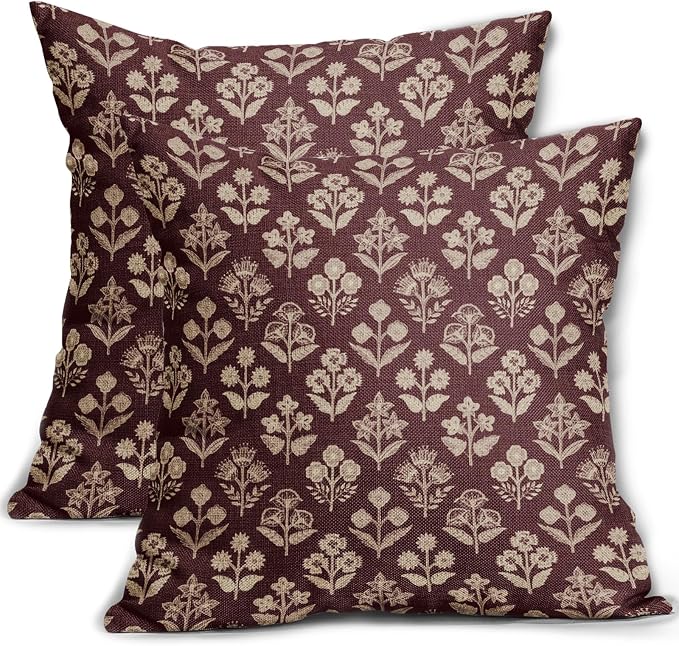 Burgundy Red Floral Pillow Covers 22x22 Inch Set of 2, Vintage Flower Block Print Decorative Throw Pillowcases Outdoor Farmhouse Cushion Covers Spring Summer Rustic Decoration Sofa Couch Bed Decor