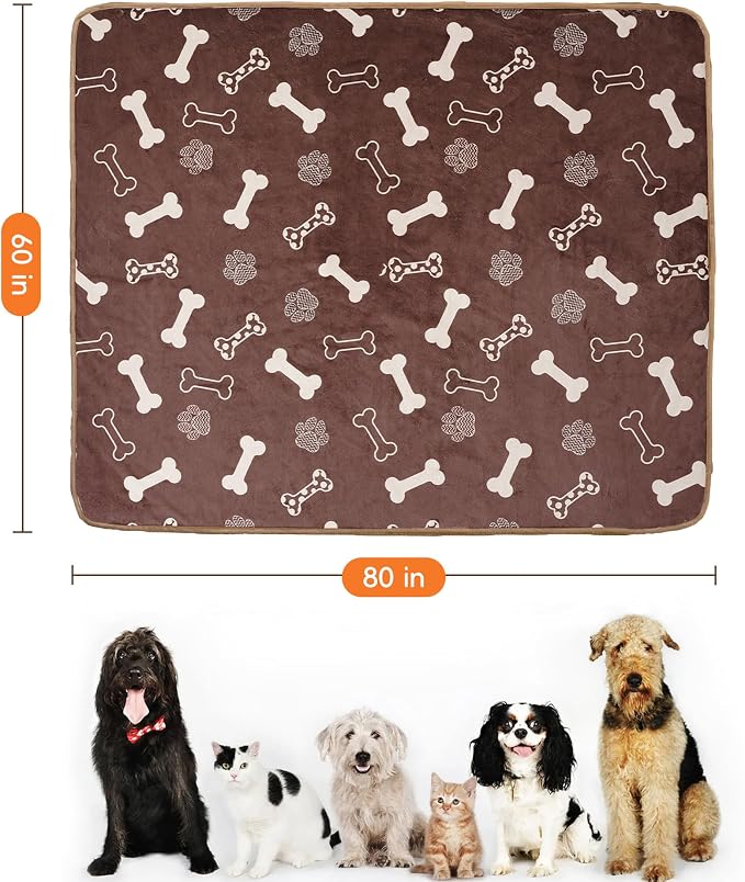 Washable Waterproof Dog Blankets for Large Dogs 60"x80" | Soft Fluffy Pet Blanket for Couch Sofa Car Crate Bed Protector, Reversible Sherpa Fleece Dog Blanket, Chocolate Brown-Bones