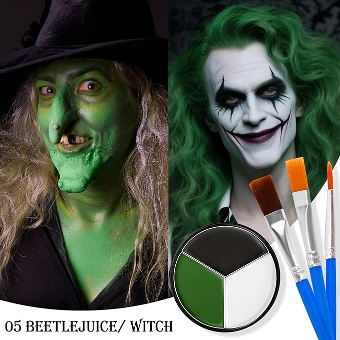 Black White Green Face & Body Paint - Blendable Facepaint Foundation with Sponge & Brush for Skin, Professional Halloween Face Make-up Kit for Grinch Shrek Alien Frankenstein Wicked Witch Costume