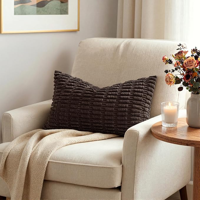 MIULEE Lumbar Corduroy Decorative Throw Pillow Covers 12x20 Dark Brown | Pack of 2 Soft Boho Striped Pillow Covers Modern Farmhouse Fall Home Decor For Sofa Living Room Couch Bed