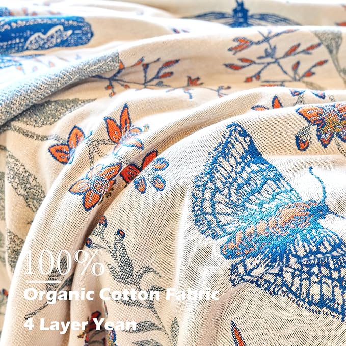VANJOROY Boho Throw Blanket, 100% Organic Cotton Breathable Ultra Soft Bed Quilt Throw - All Season Floral Bird Butterfly Farmhouse Decor Blanket for Sofa Couch Chair and Gift. 60" x 80"