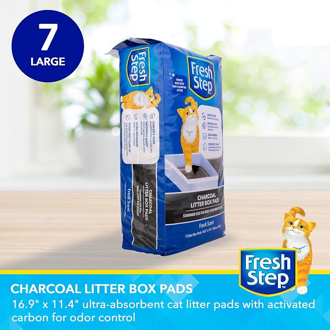 Fresh Step Charcoal Cat Litter Box Pads, Activated Carbon, 7 Count | Ultra-absorbent, leak-proof bottom, scrub-free cleanup, controls odor, 16.9 x 11.4 inch pads