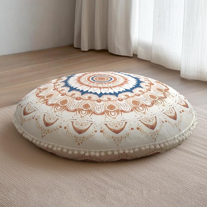 Meditation Cushion 32 Inch Round, Large Floor Pillow Seating for Adults, Bohemian Mandala Yoga Cushion, Extra Thick Memory Foam Removable Washable Cover, Ideal Gift & Holiday Decor, Brown