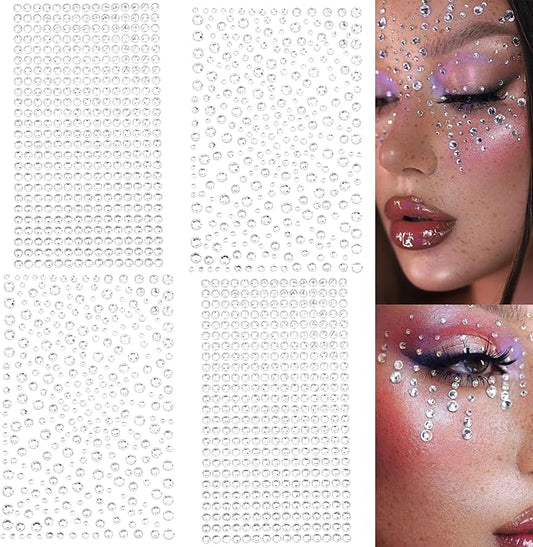 2116 pcs Self Adhesive Rhinestones for Makeup Eyes Face 6 Sheets Clear Rhinestones Stickers Bling Gems Jewels Stickers for DIY (White)