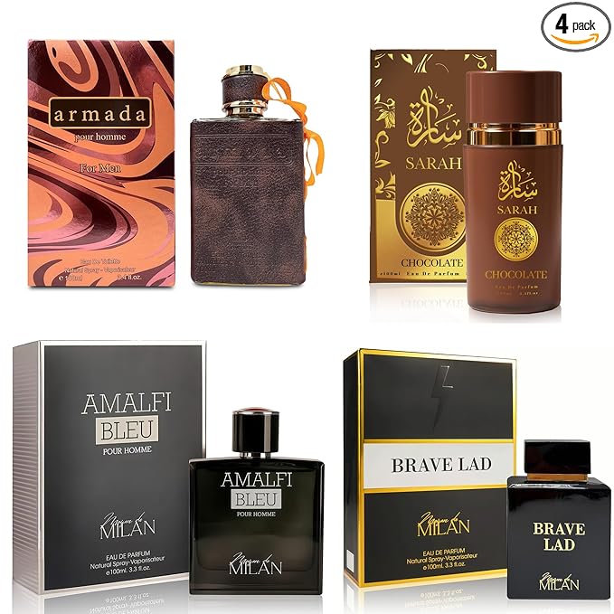 A CENTER Men's Cologne Gift Set of 4(MilanAmalfi&BraveL&SarahCho&ArmadaM) - 3.4 Fl Oz Each | Vanilla Bourbon, Leather & Amber Floral Fragrance | Luxury Eau de Toilette