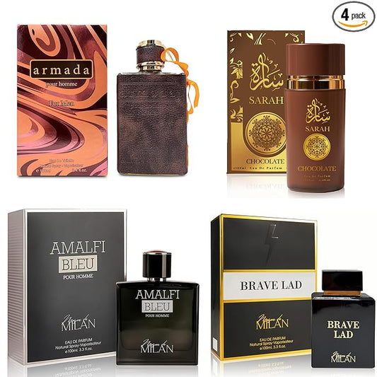 A CENTER Men's Cologne Gift Set of 4(MilanAmalfi&BraveL&SarahCho&ArmadaM) - 3.4 Fl Oz Each | Vanilla Bourbon, Leather & Amber Floral Fragrance | Luxury Eau de Toilette