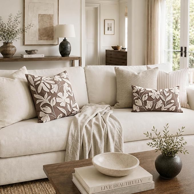 Decorative Throw Pillow Cover 20x20 Inch, Taupe Brown Floral Tufted Velvet Accent Pillow Case for Sofa Bed Living Room, Cover Only
