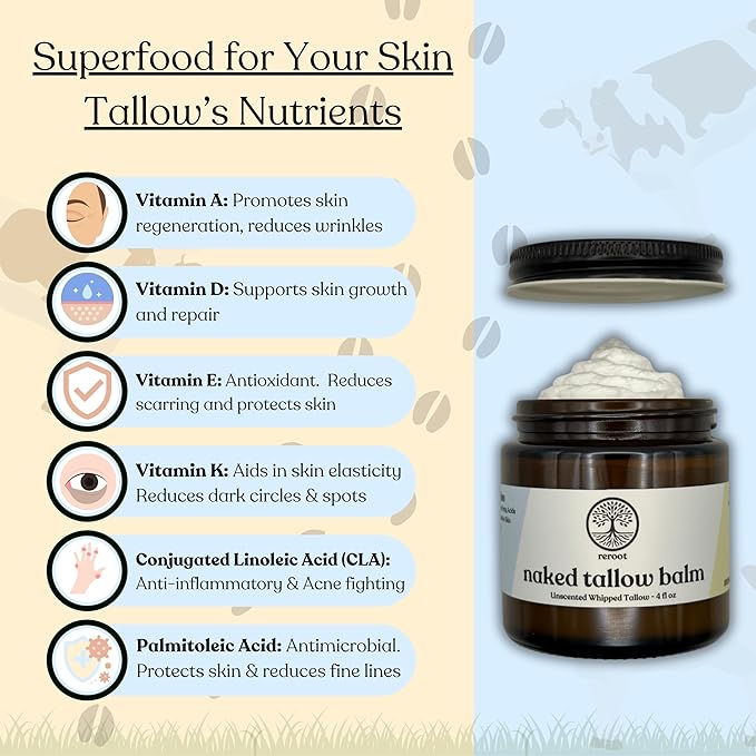 Beef Tallow for Skin | NAKED TALLOW BALM | 1 Ingredient - 100% Grass Fed Beef Tallow | Beef Tallow for Body & Face | Whipped & UNSCENTED for Sensititve Dry Skin, Babies, Eczema, Psoriasis