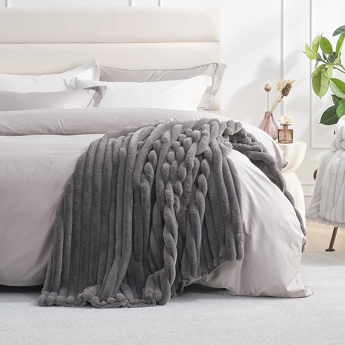 Faux Fur Throw Blanket for Couch, Cozy Fuzzy Fluffy Fur Luxurious Soft Striped Plush Gift Blankets for Family Sofa Chair Bedroom, 60"x80", Charcoal Grey