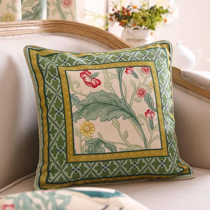 patdrea Designer French Vintage Linen Throw Pillow Cover,18"x18"-Cecilia C | Decorative Pillow Case with Zipper,Green Floral Pattern,Cushion Coverfor Couch Living Room Bedroom Sofa