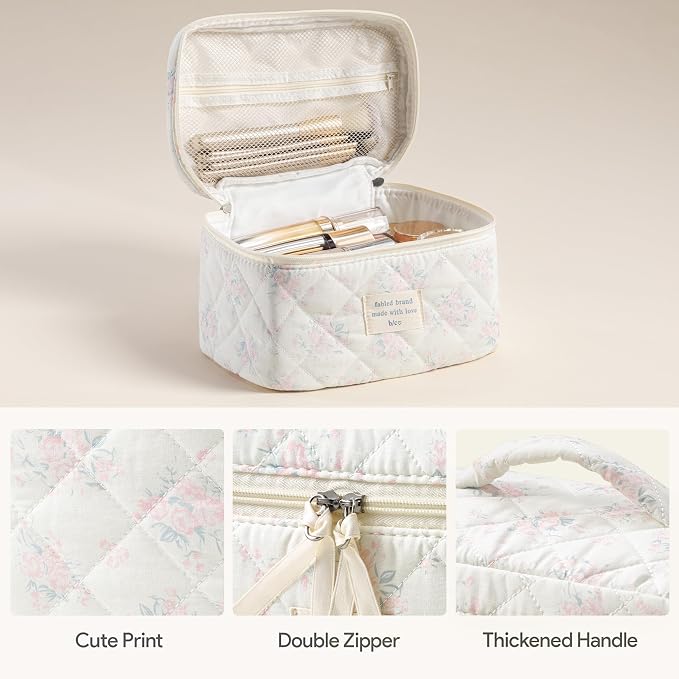 HBselect Quilted Makeup Bag, 3PCS Cotton Large Travel Makeup Bag, Cute Floral Coquette Make up Bag Cosmetic Bag Toiletry Bag for Women Girls