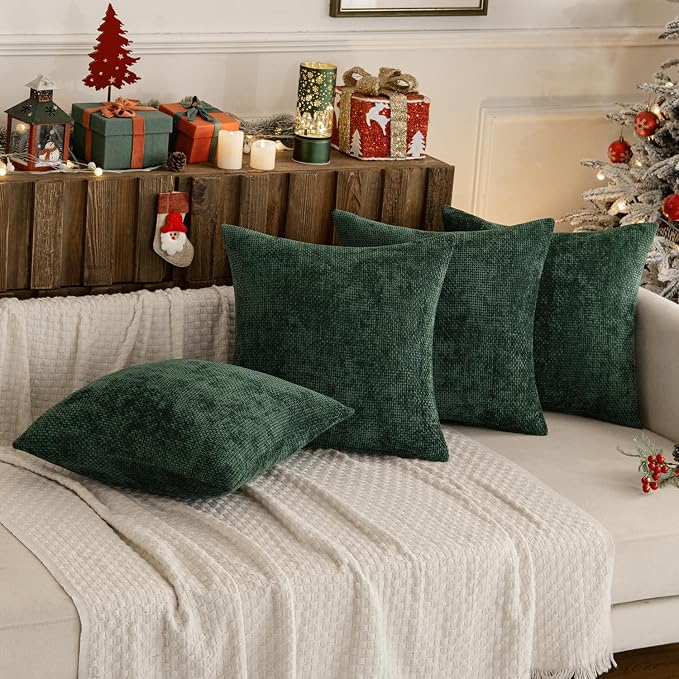 MIULEE Decorative Chenille Pillow Covers Christmas Green 18x18 Pack of 4 | Christmas Home Decor, All Same Green Color Set, Couch Throw Pillows, Farmhouse Boho Cushion Covers for Sofa Bed Living Room