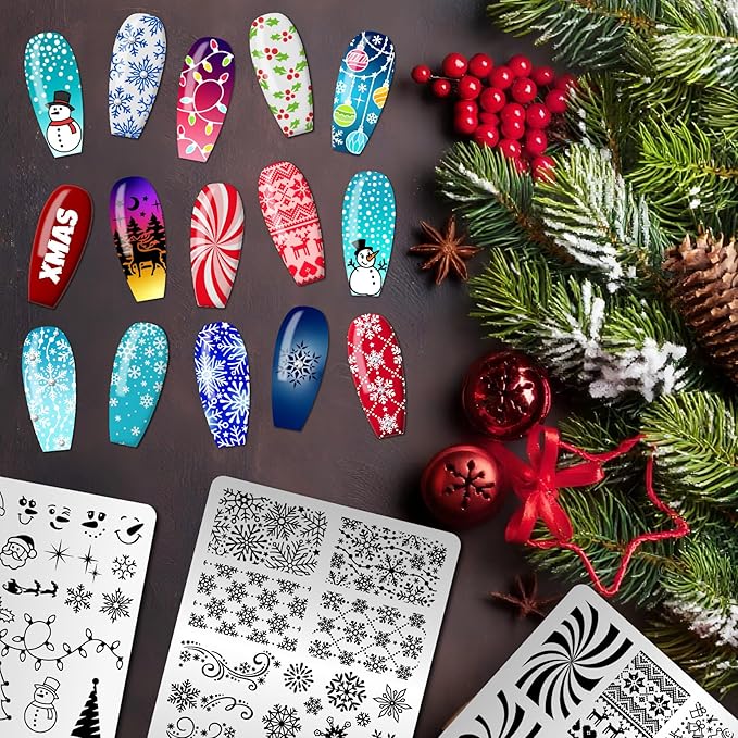 Arbuya Christmas Nail Art Stamping Plates Set of 3 - Snowflakes Snowman Reindeer Baubles Holly Leaves Penguins Stainless Steel Manicure Art Tools for DIY Print Manicure Salon Design Gift Supplies