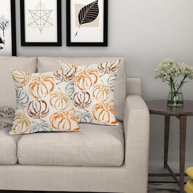 Fall Pillow Covers 22X22 Inch Set of 2 Burnt Orange Brown Grey Pumpkin Decorative Pillow Cases Autumn Harvest Thanksgiving Cotton Linen Cushion Case Holiday Home Decor For Sofa Bed Couch Outdoor
