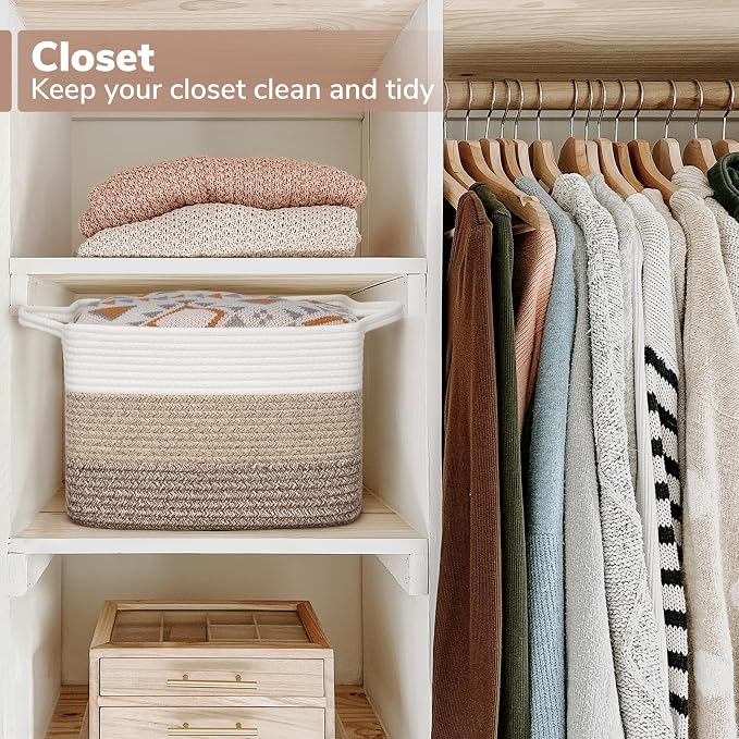 Goodpick Woven Storage Basket for Shelves, 13" x 10" x 9", Gradient Brown | Stylish Gift Basket for Home Decor, Cotton Rope Baskets for Books, Dog Toys & Towels Storage, Shelf & Closet Organization