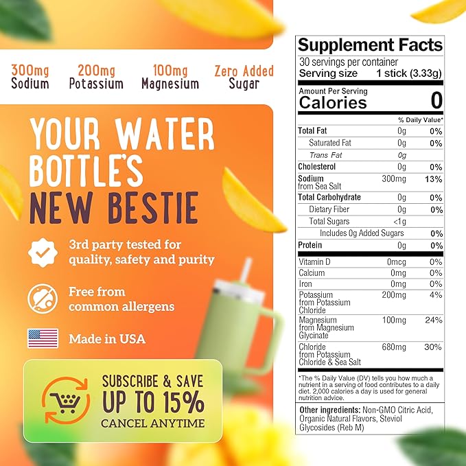 Mama Natural Electrolytes Powder Packets – Instant Hydration with natural Sea Salt, Potassium & Magnesium Glycinate – Sugar Free, Organic Mango Flavor – 30 Travel Sticks for Postpartum & Pregnancy