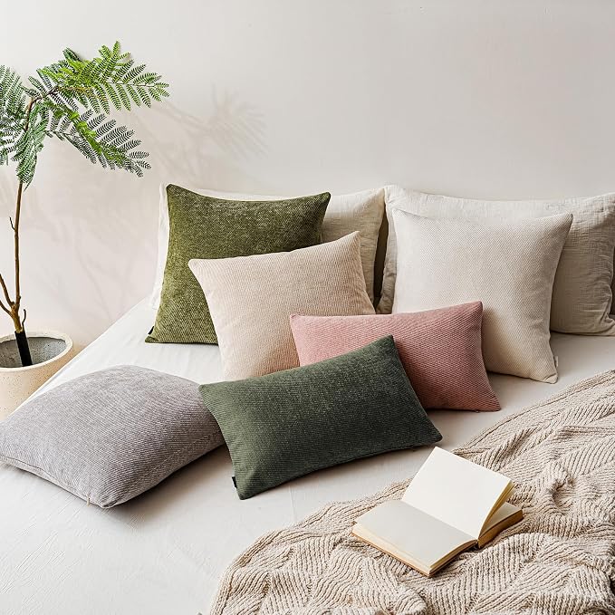 a moment Pack of 2 Decorative Chenille Throw Pillow Covers with Twill Cushion Covers for Sofa Living Room Couch Bed 20x12 Inch Olive Green
