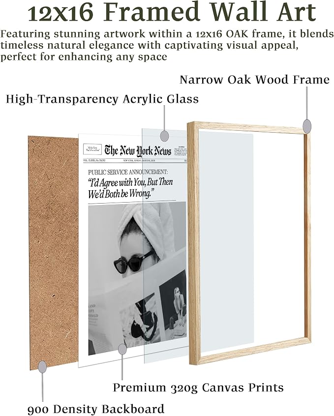 EcoHest 12x16 in Cool Girl Newspaper Framed Wall Art for Bedroom | Natural Oak Wood Frame, Canvas Wall Art, Girly Fashion Magazine Decor for Bedroom, Apartment, Dorm Room, College Room, 1Pack